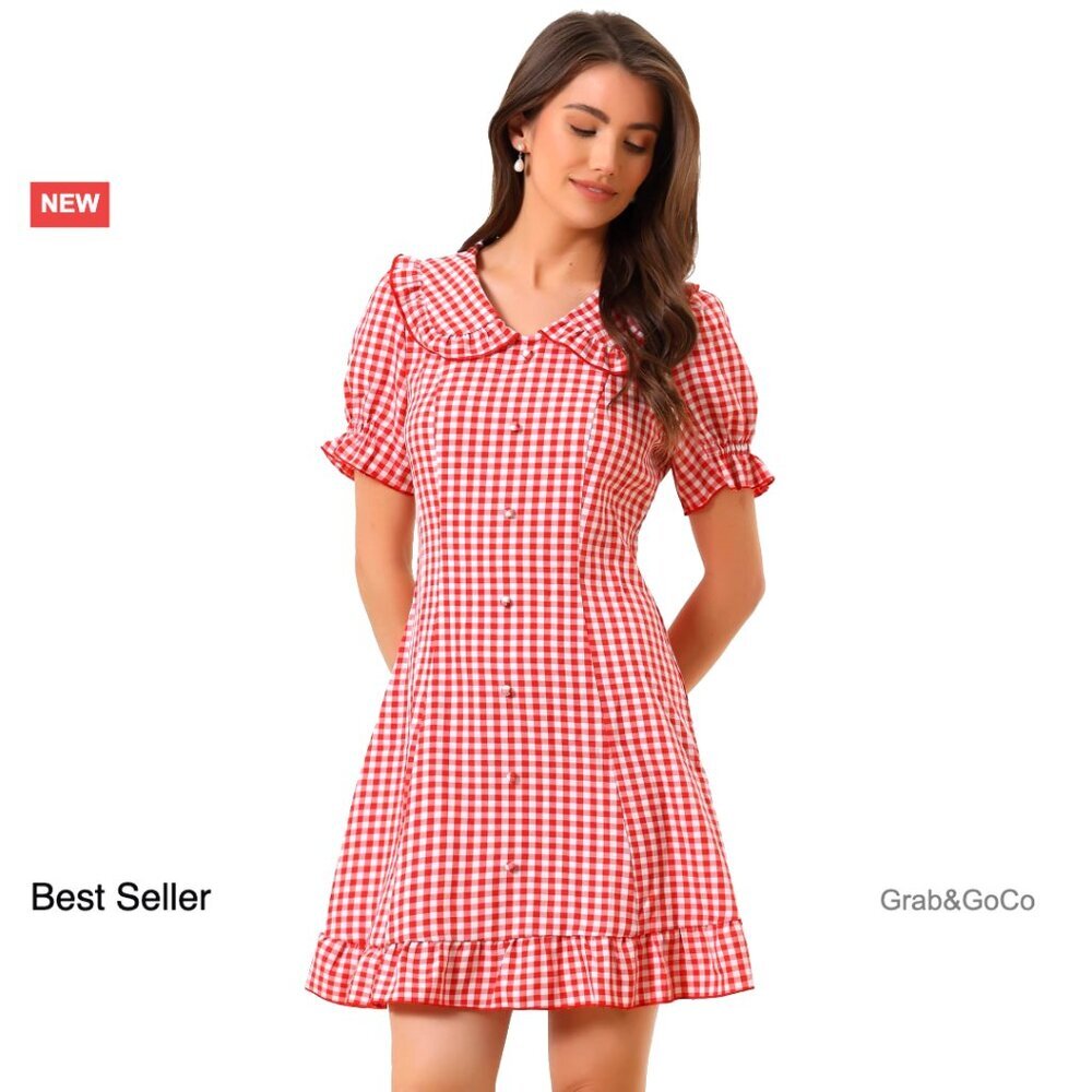 Gingham Mini Dress Ruffled Peter Pan Collar Puff Sleeves Cute Chic Y2K